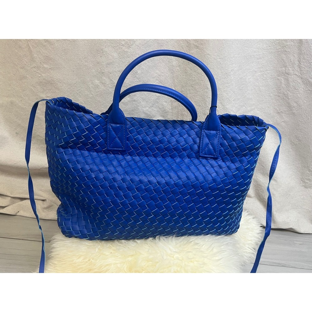 Jayley Collection Woven Tote Bag Blue Intrecciato Faux Leather Coastal NWT